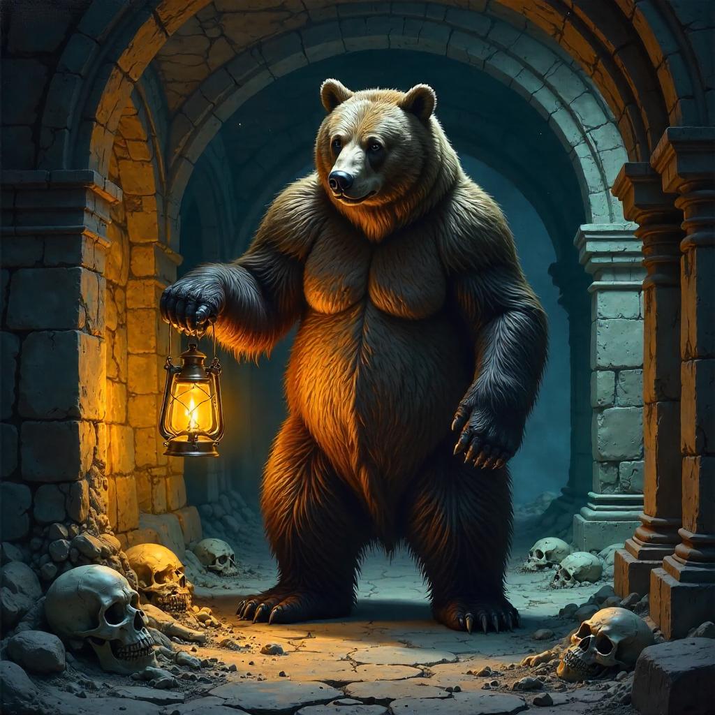 Bear in Candlelit Catacombs: An Oil Painting