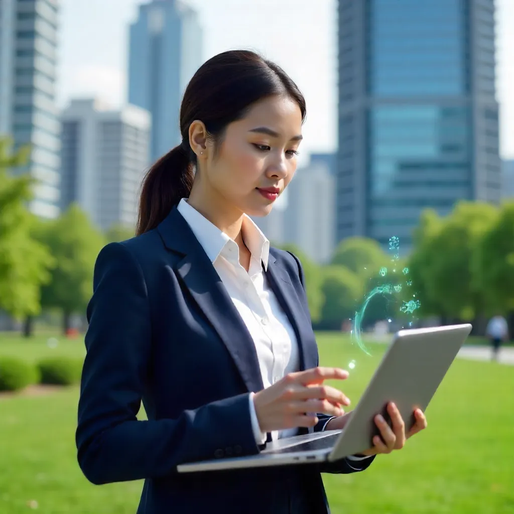 Businesswoman Outdoors: Phone and Laptop in Use