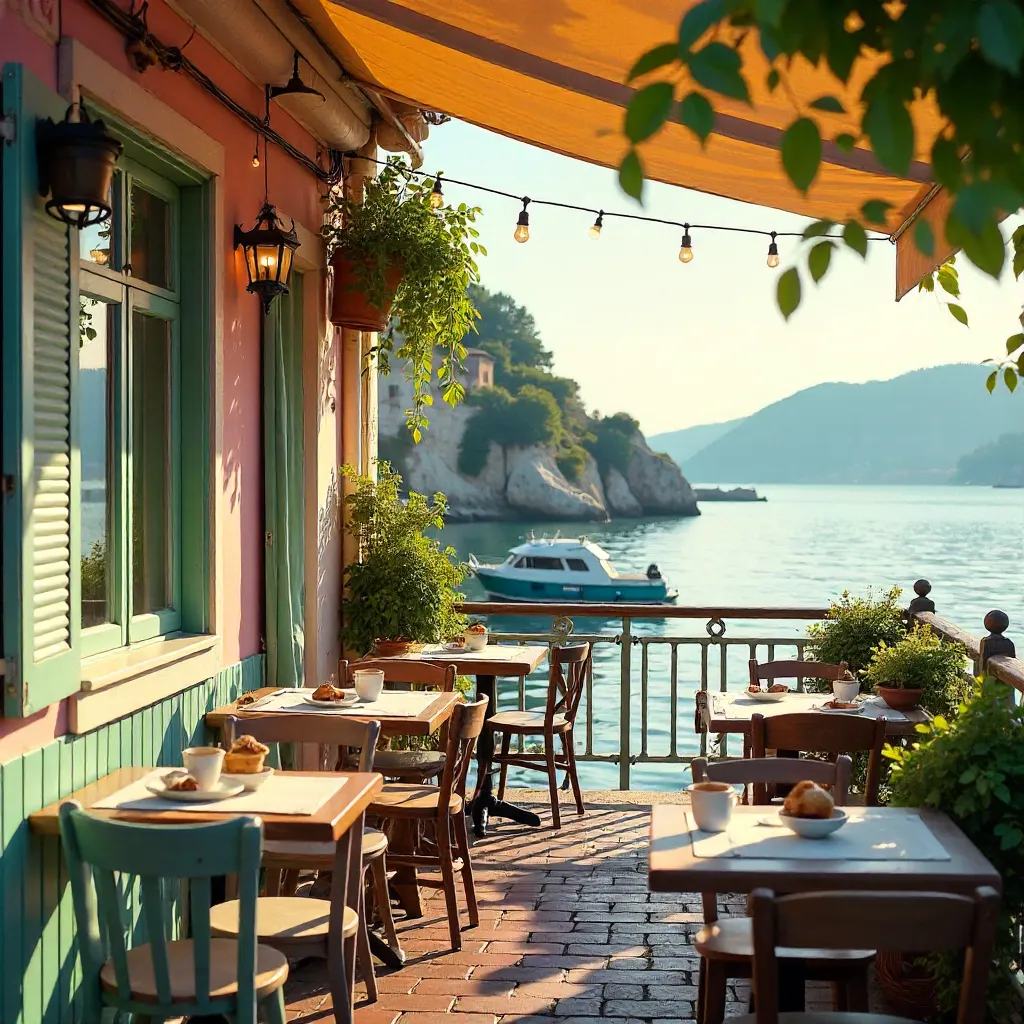 Charming Waterfront Café with Colorful Decor