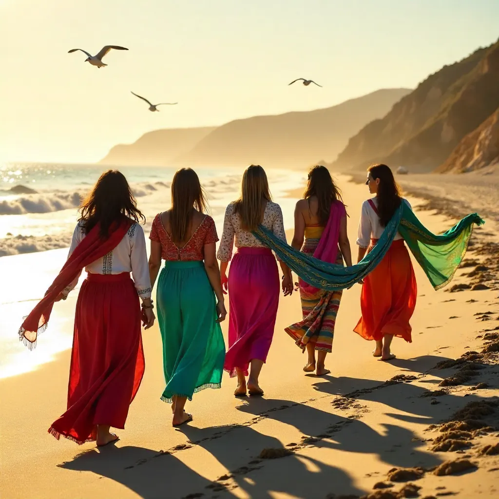 Five Women in Traditional Attire on a Sunset Beach