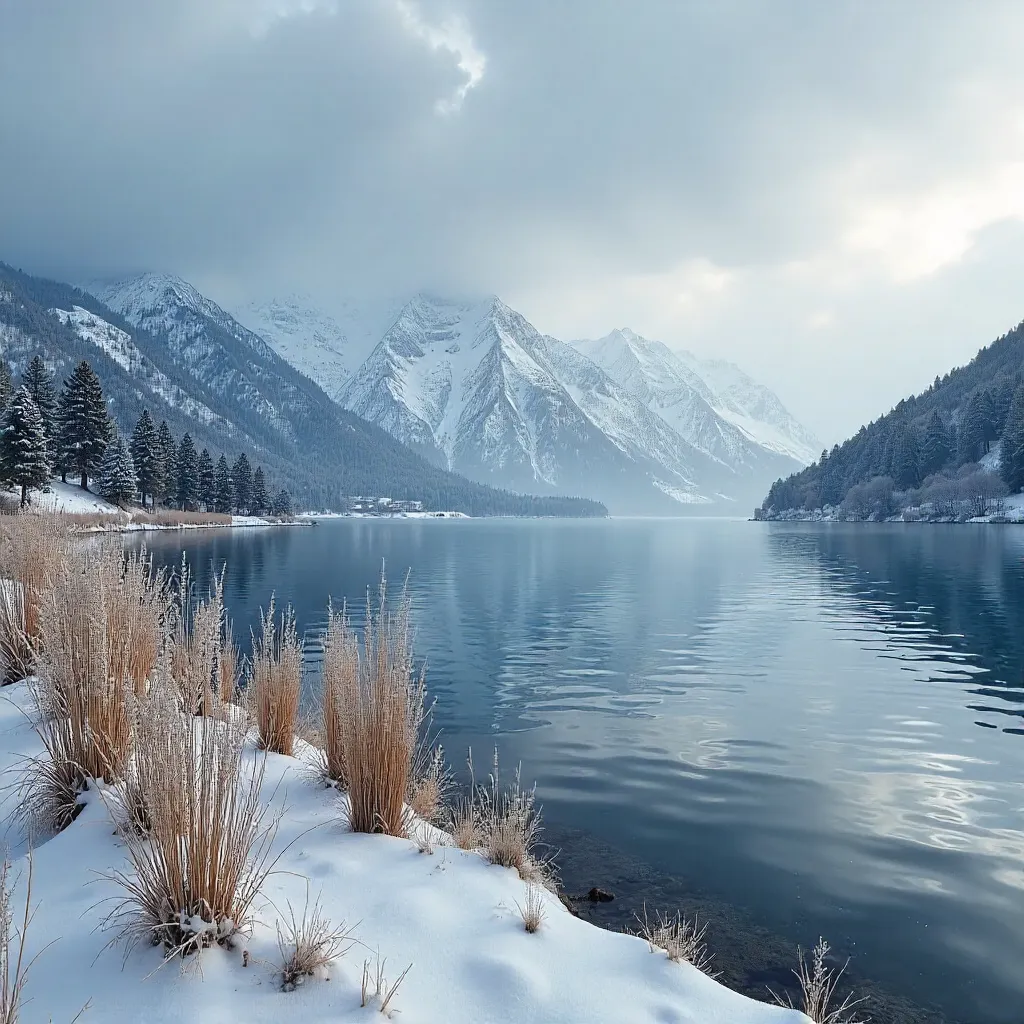 Winter Calm over Lake Ohrid: Snowy Peaks and Reeds