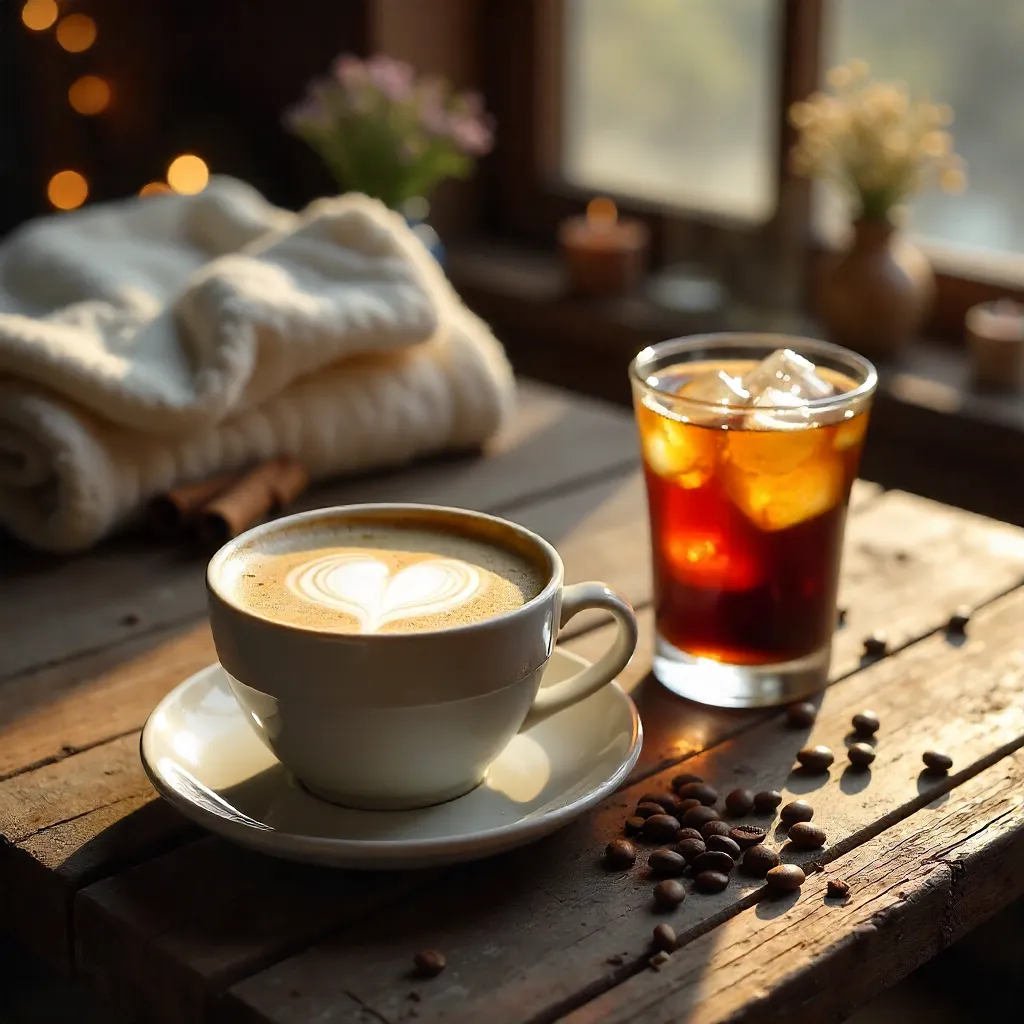 Cozy Rustic Table: Latte Art and Iced Coffee