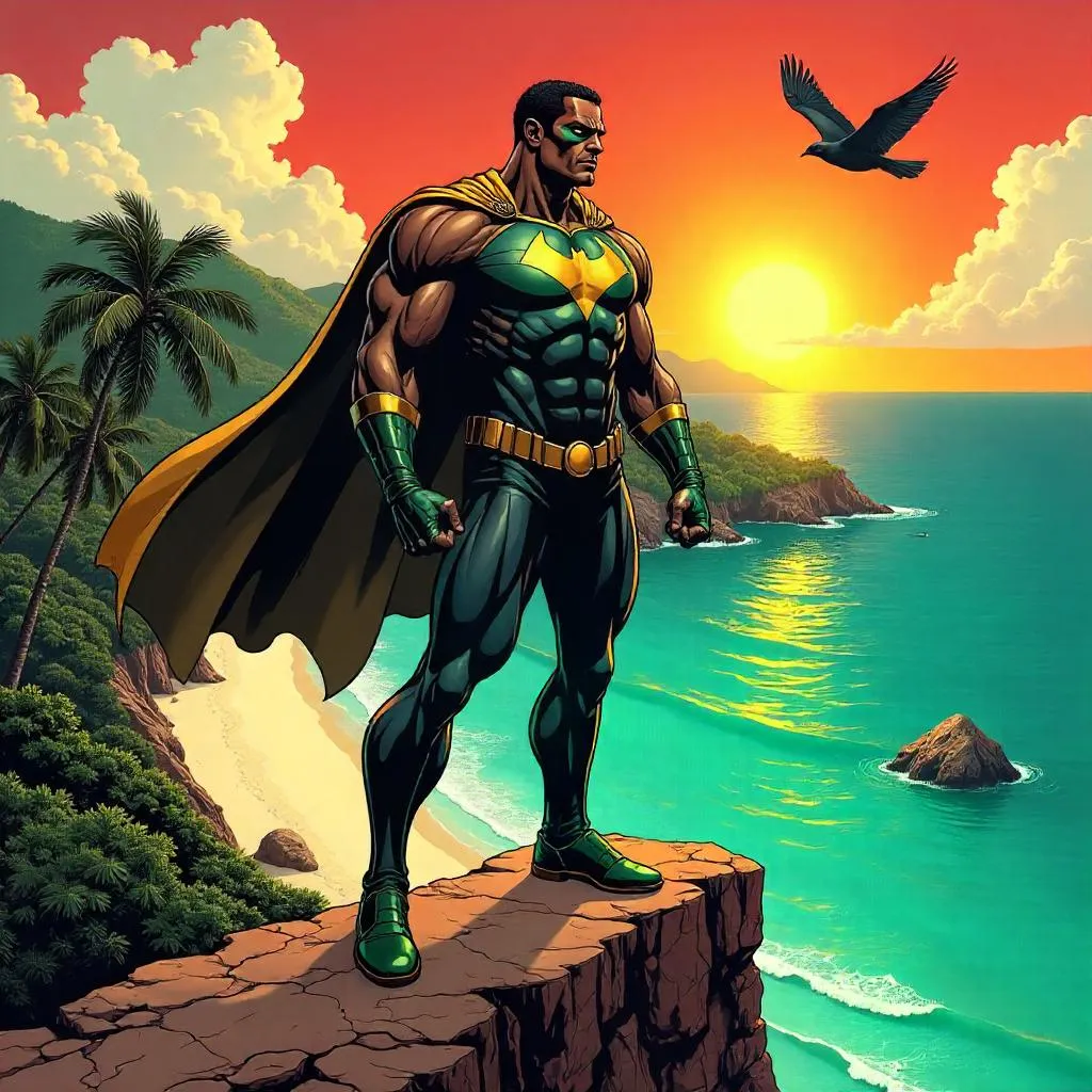 Tropical Hero: Strong Black Man in Comic Style