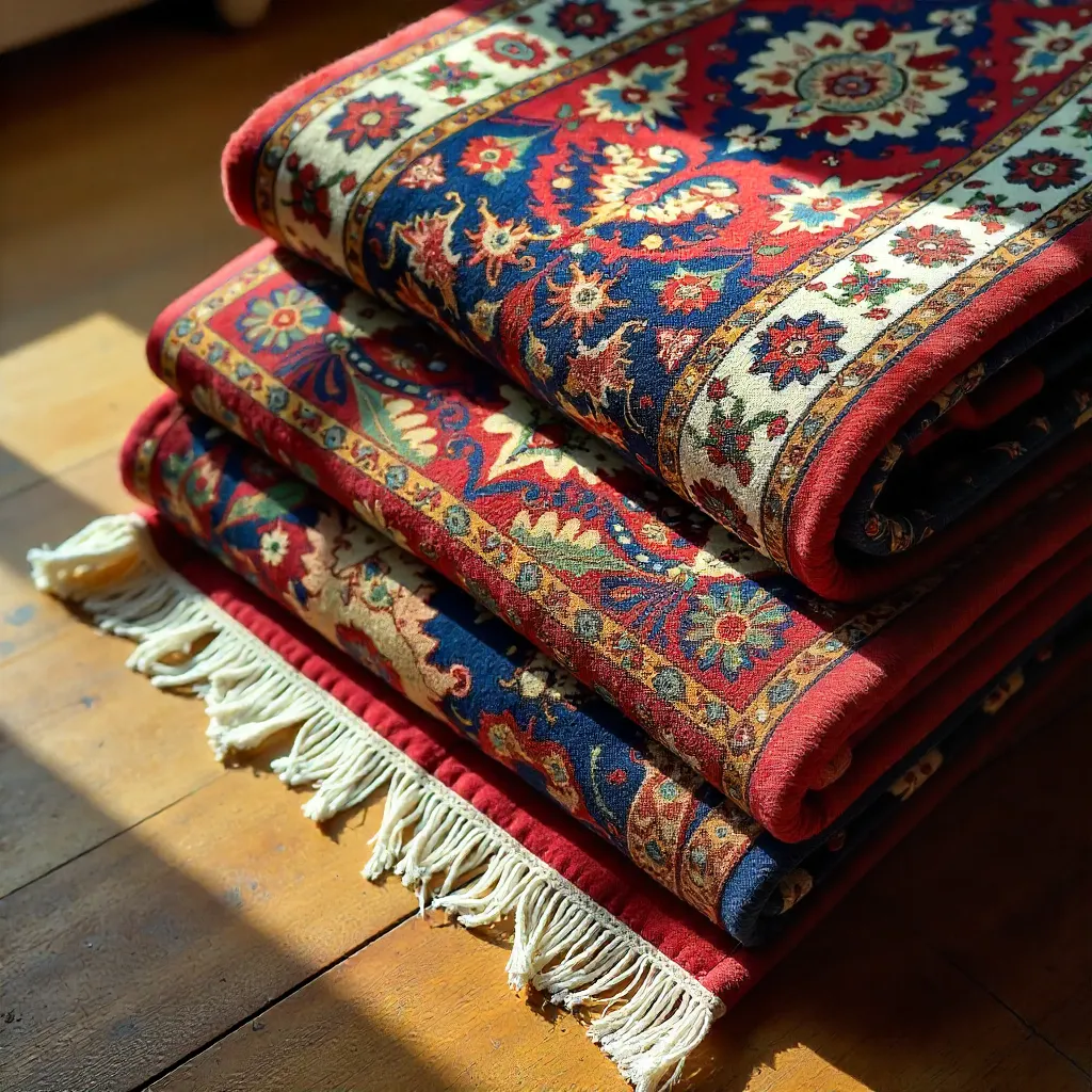 Vibrant Stacks of Persian Rugs with Intricate Patterns