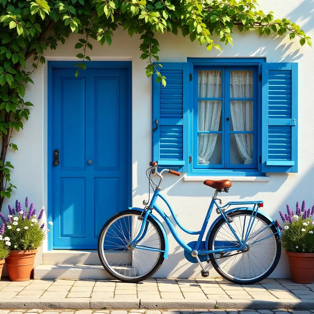 Blue Bicycle by a Sunlit White Cottage