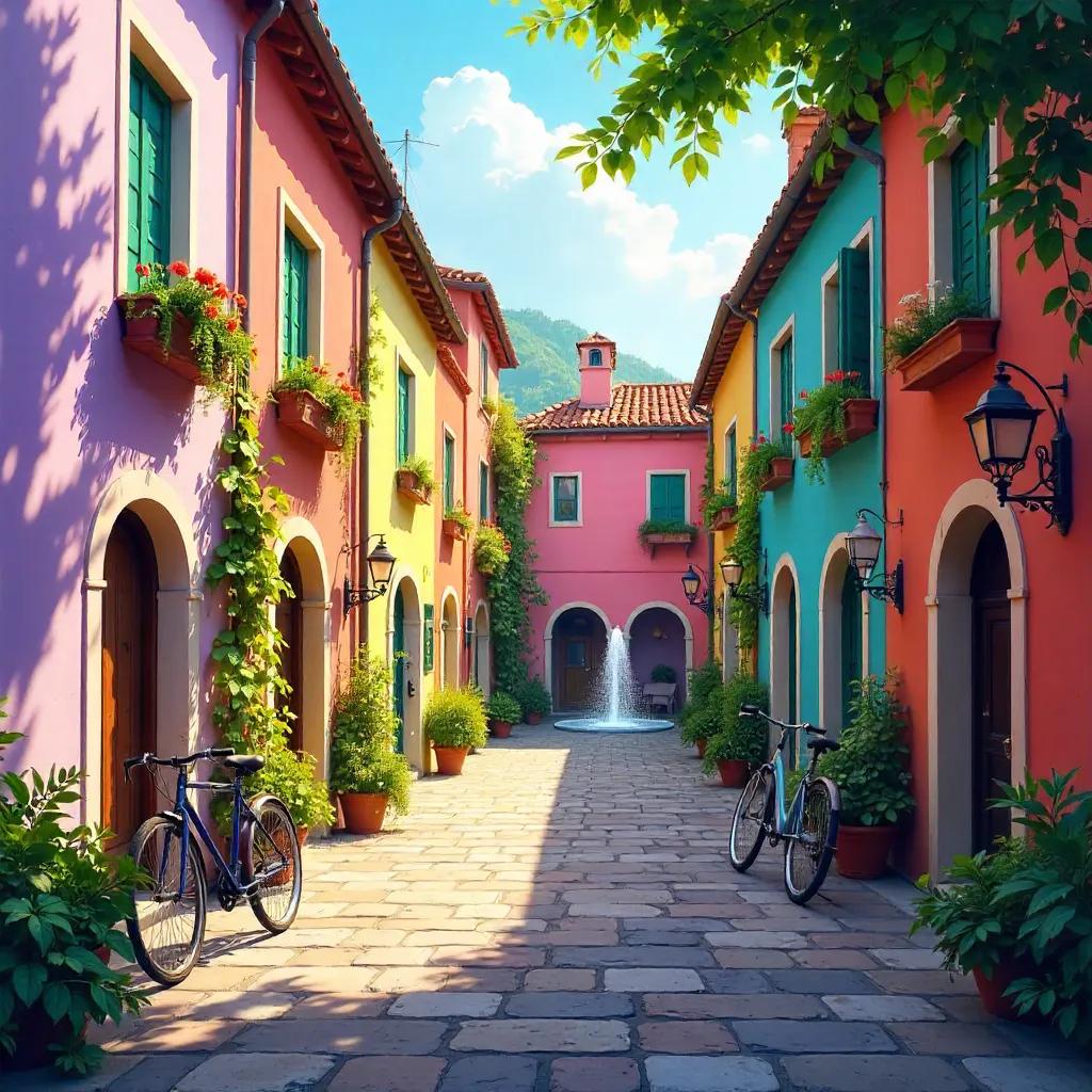 Peaceful Courtyard with Colorful Buildings and Bicycles