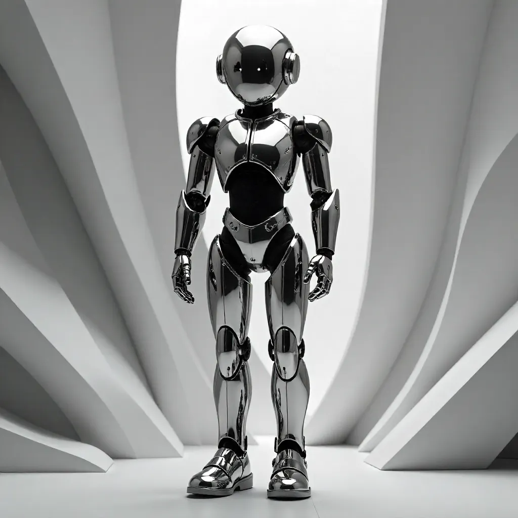 Monochrome Chrome Humanoid in Abstract Space