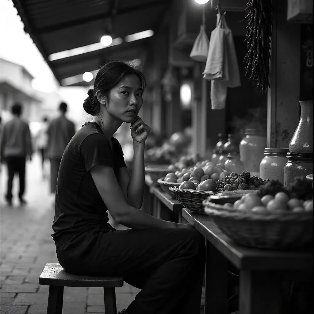 Thoughtful Black-and-White Portrait in an Asian Market