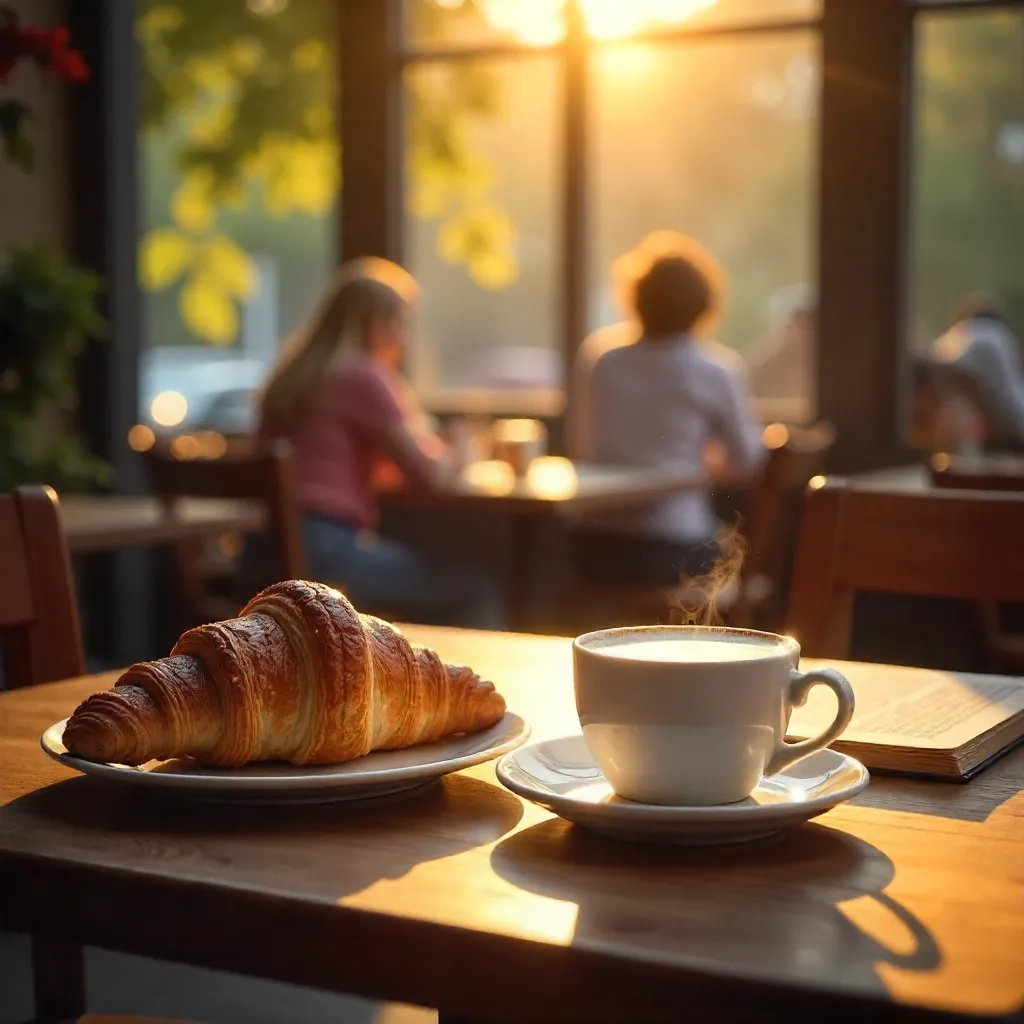 Cozy Café Moment: Croissant, Cappuccino, and E-Reader