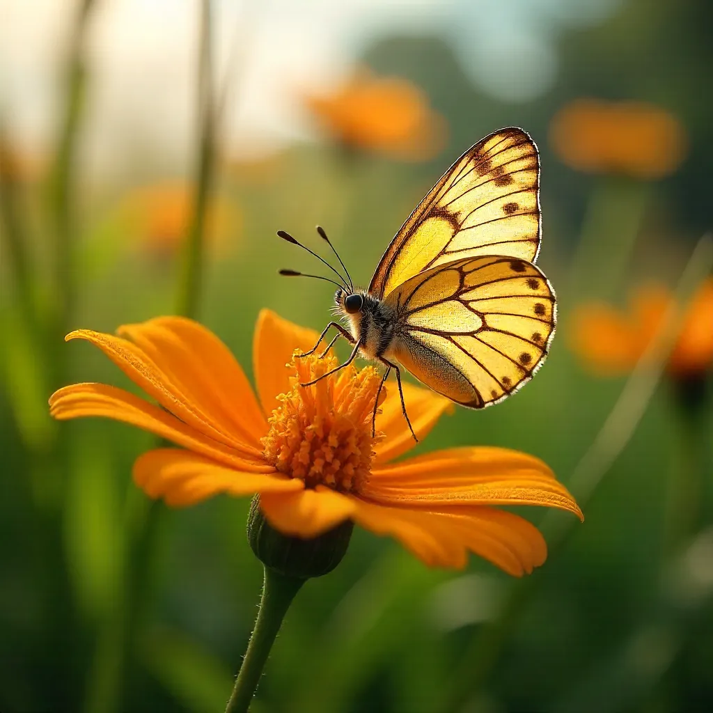 Delicate butterfly on orange bloom in Brazilian Cerrado meadow