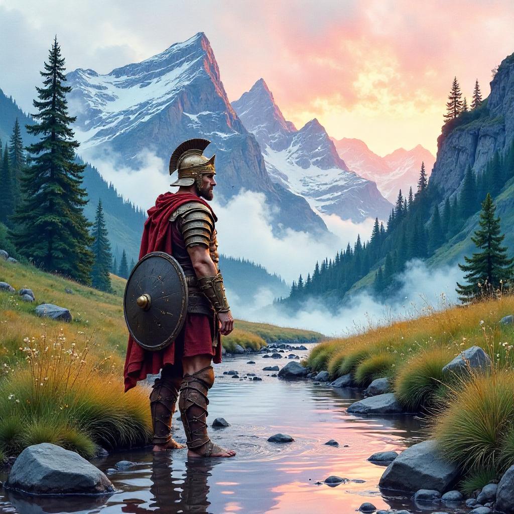 Watercolor Gladiator in a Mountain Valley