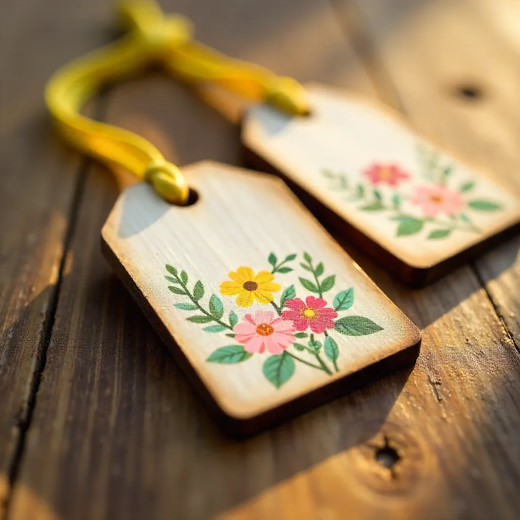 Floral Patterned Wooden Tags with Yellow Strings
