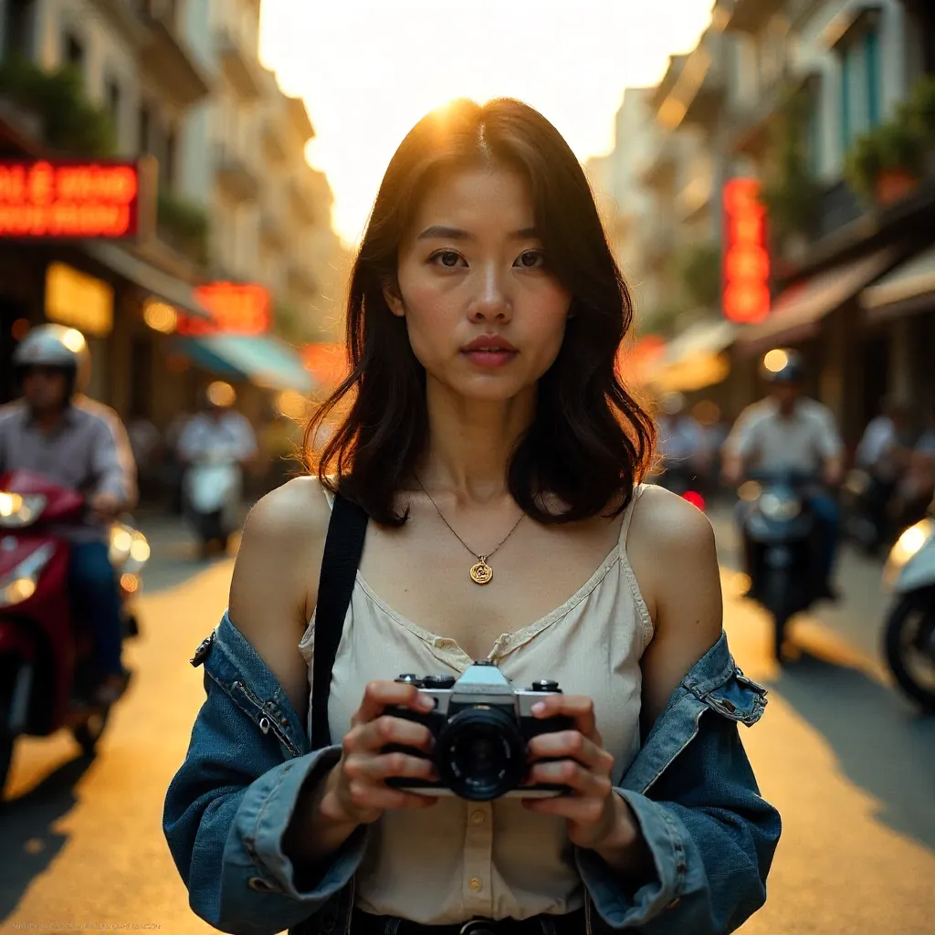 Portrait of a Young Woman with Vintage Camera in Saigon