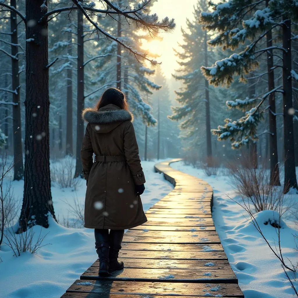 Solitary Traveler on a Snowy Woodland Path
