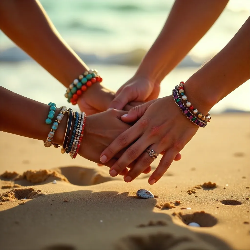Unity on the Beach: Three Hands with Colorful Jewelry
