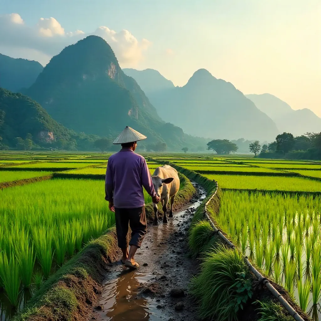 Buffalo and Farmer in Lush Paddies Near Hoi An Mountains