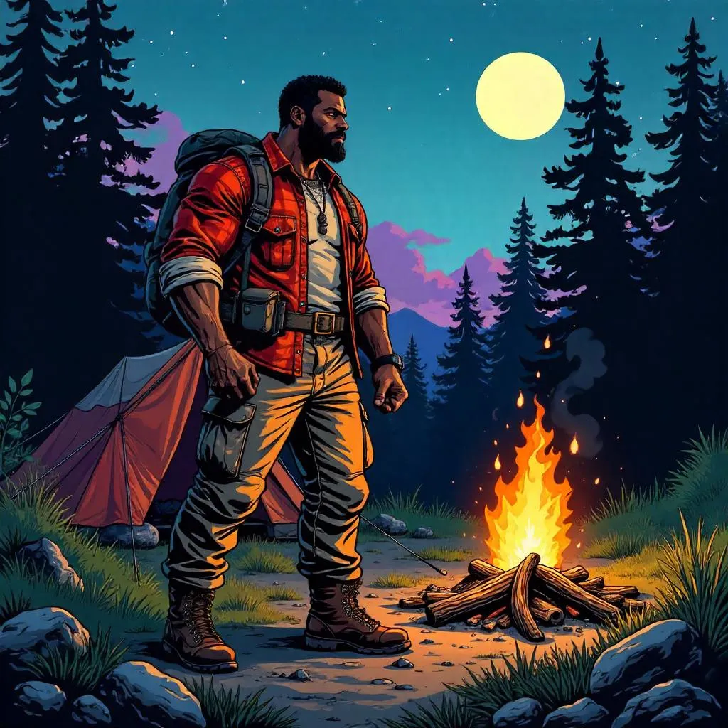Strong Black Outdoorsman in a Comic-Book Camp Night