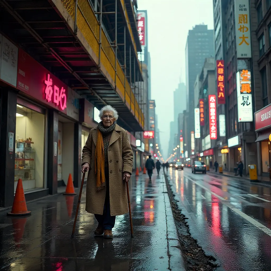Elderly Woman Under Urban Construction Signs