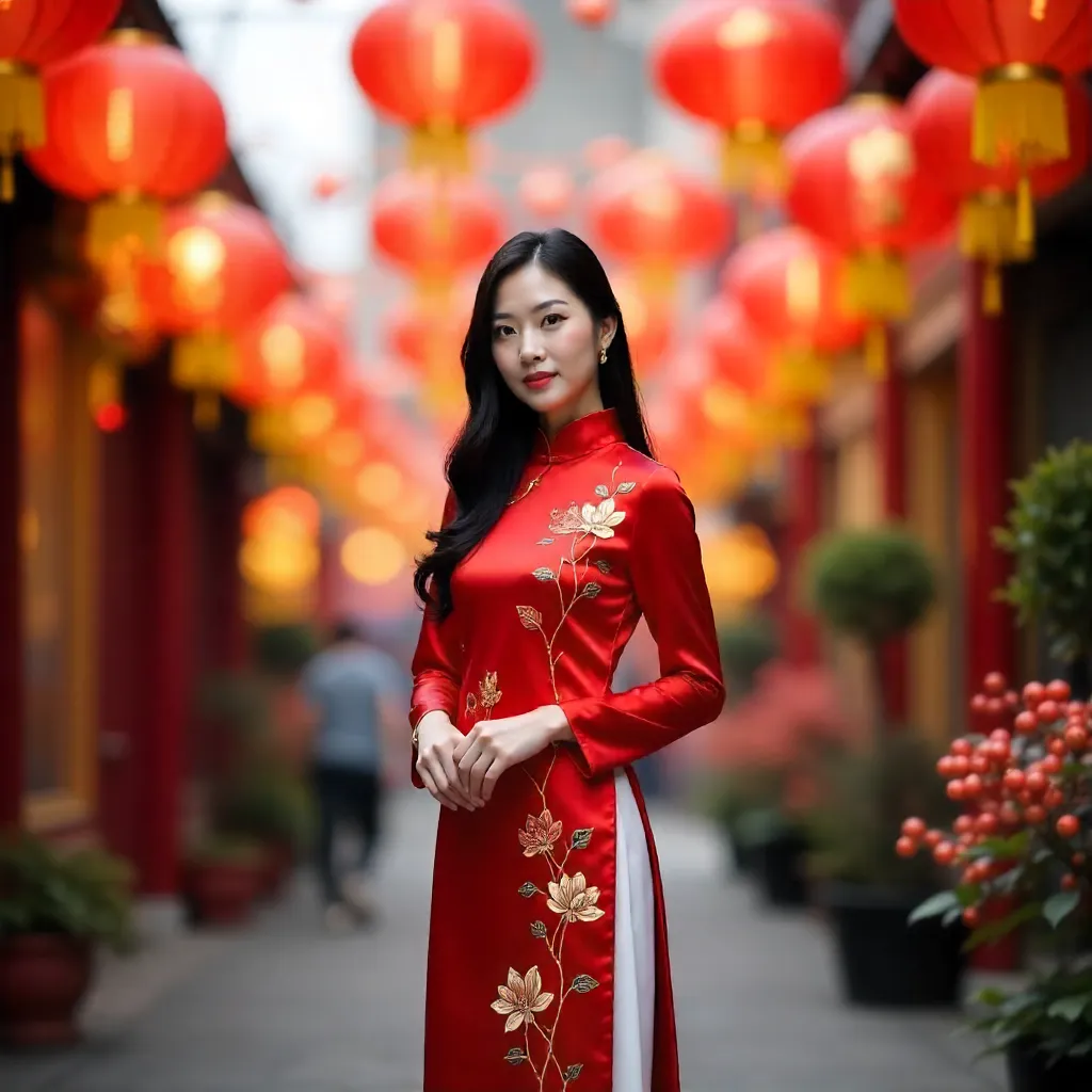 Woman in Ao Dai Under Tet Decorations