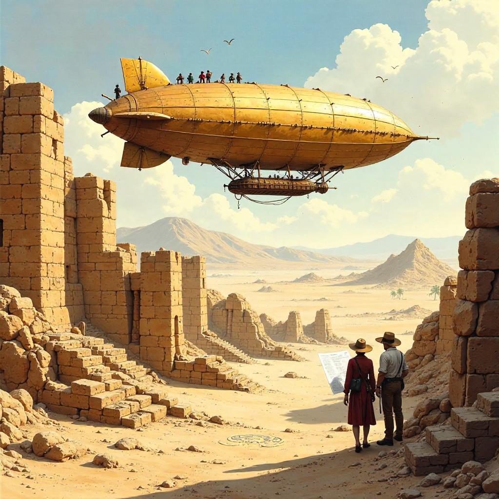 Airship Over Ancient Ruins in Watercolor