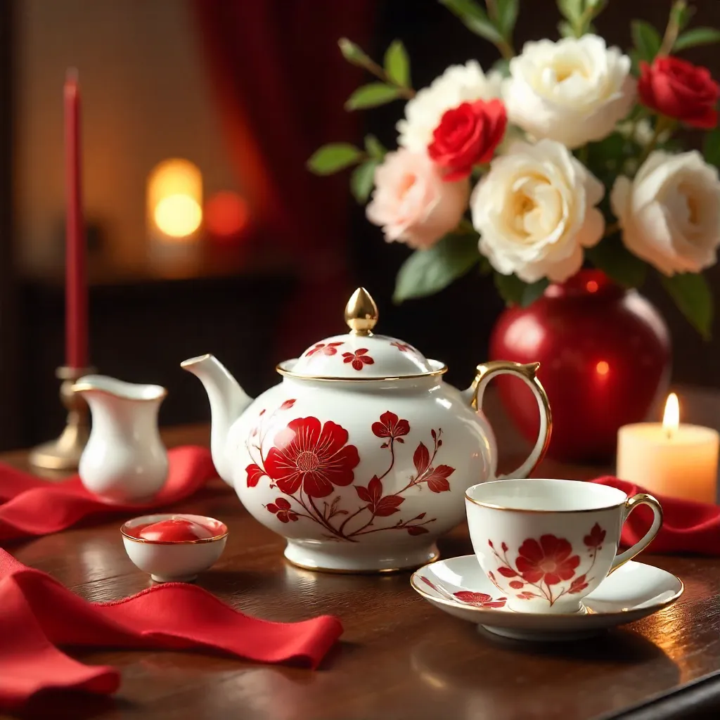 Elegant Red and White Chinese Teapot Set on Wood Table - Wedding Decor