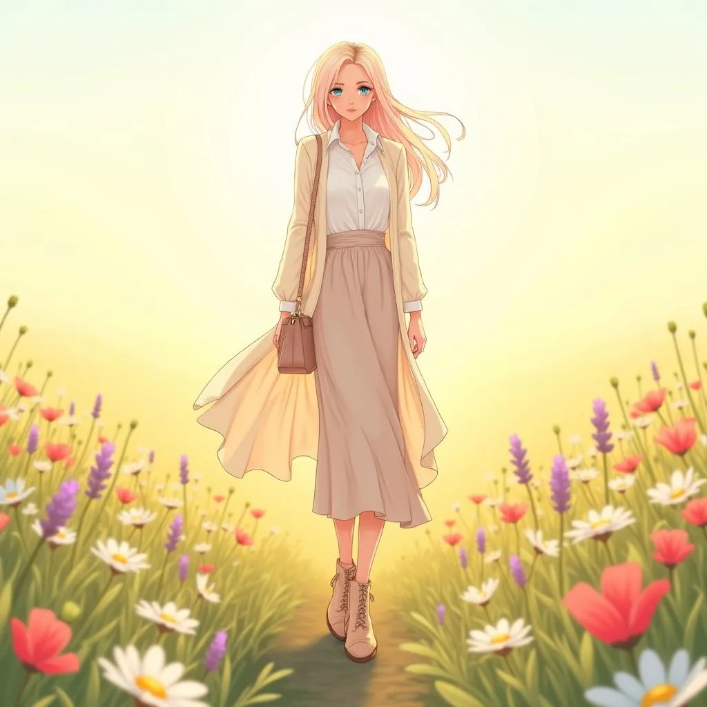 Anime-Style Meadow Fashion Portrait
