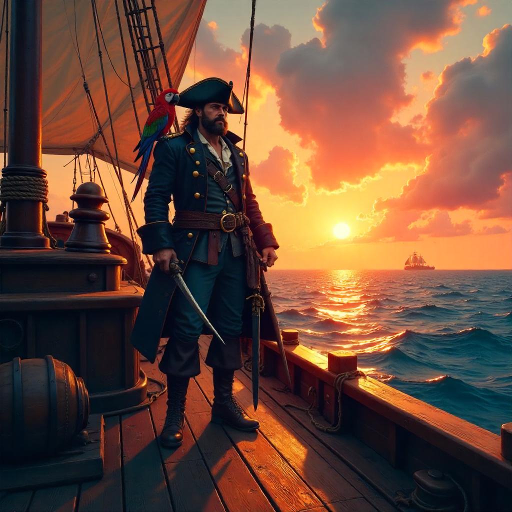 Sunset Pirate on the Weathered Deck (Digital Art)