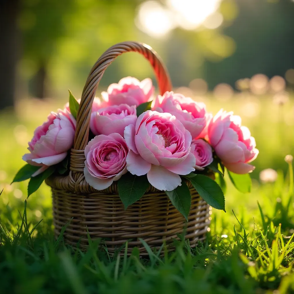 Wicker Basket of Pink Peonies and Roses in Grass