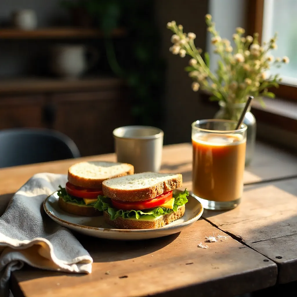 Cozy Rustic Brunch with Sandwiches and Iced Coffee