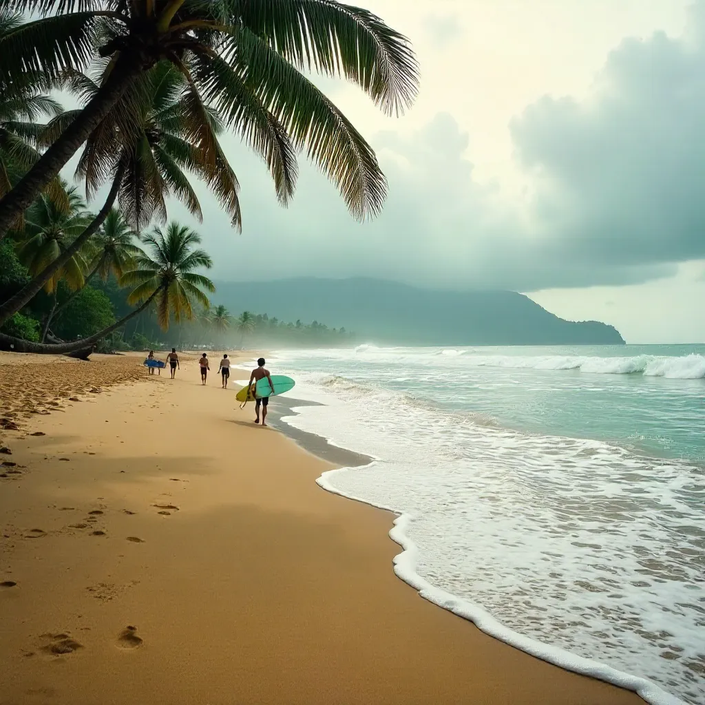 Peaceful Bali Beach Surfers Under Cloudy Sky