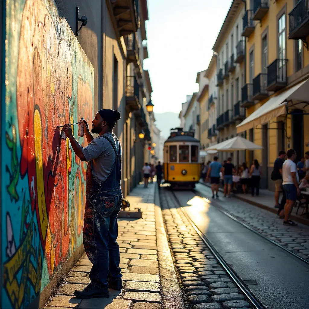 Porto Street Artist Painting Murals on Busy Baixa Street