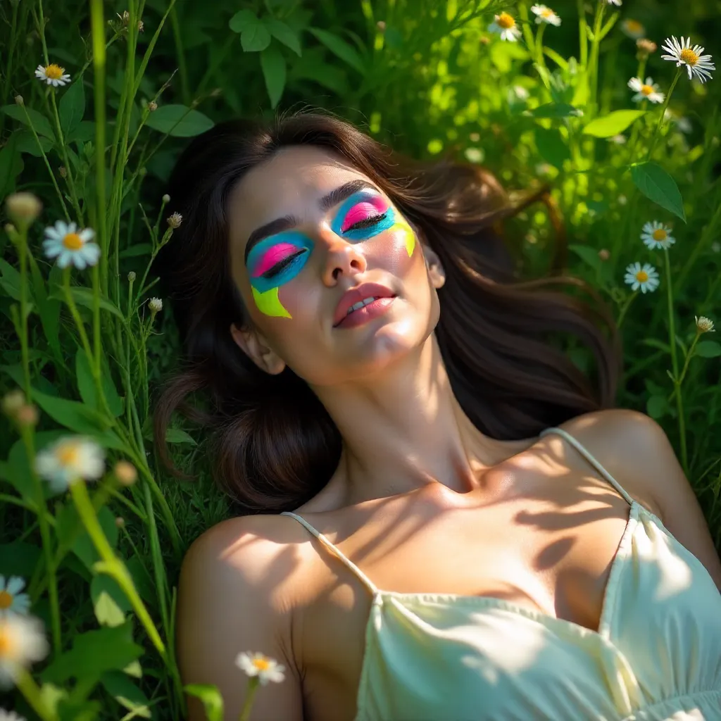 Lying in Grass: Vibrant Makeup under Sunlit Shadows