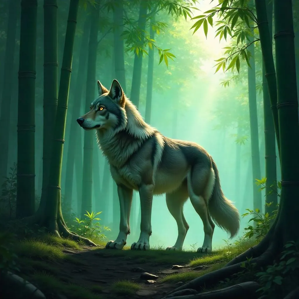 Lone Wolf in a Misty Bamboo Grove — Concept Art