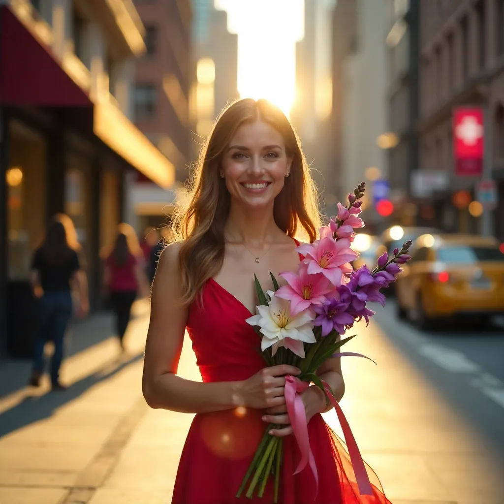 Smiling Woman in Red Dress on a City Street