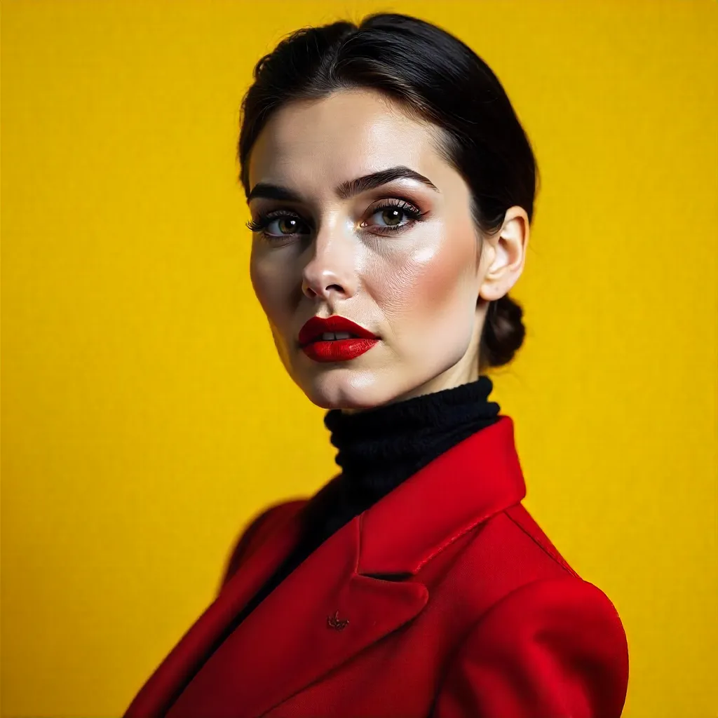 Striking Woman in Red and Black on Yellow