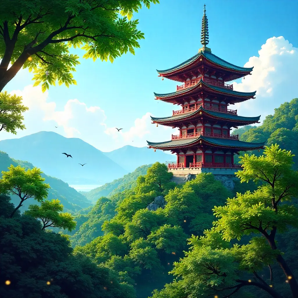 Pagoda Rising Above Verdant Trees Under Clear Sky