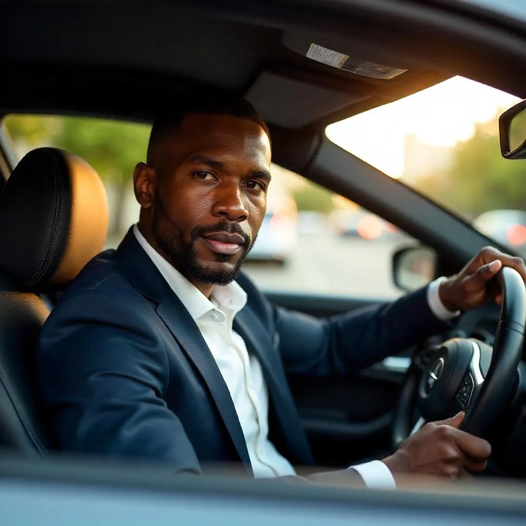 Photorealistic Portrait: Handsome Black Man in a Car