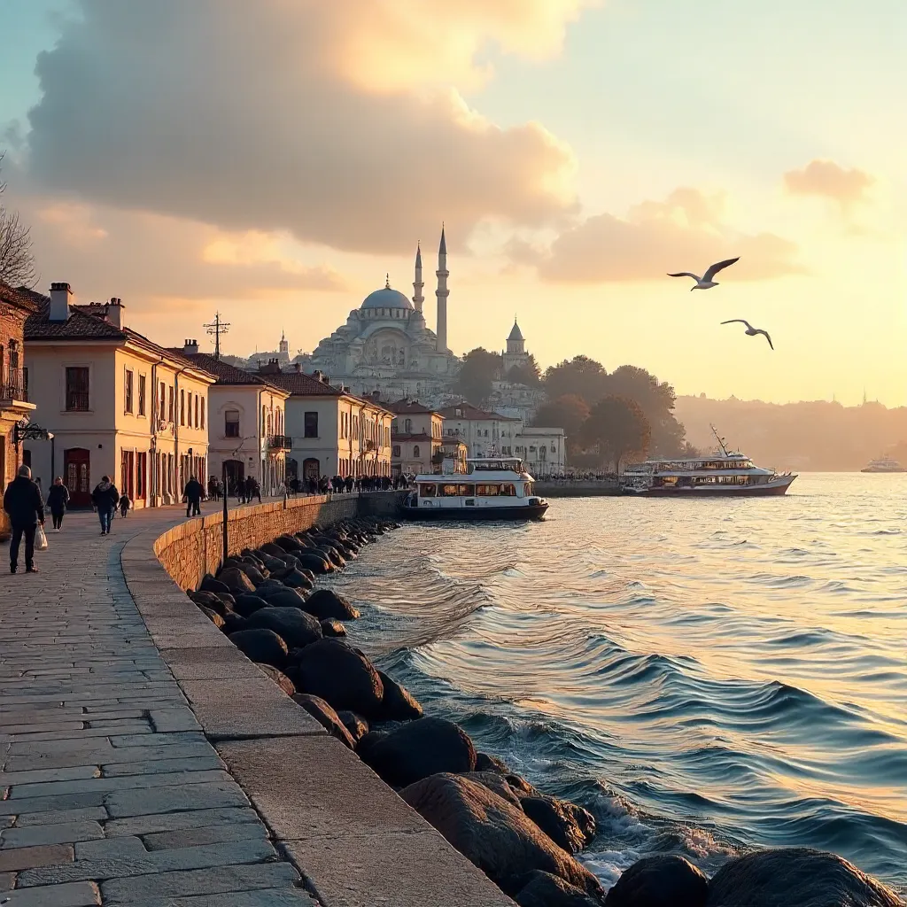 Serene Bosphorus Cityscape with Seagulls over Istanbul