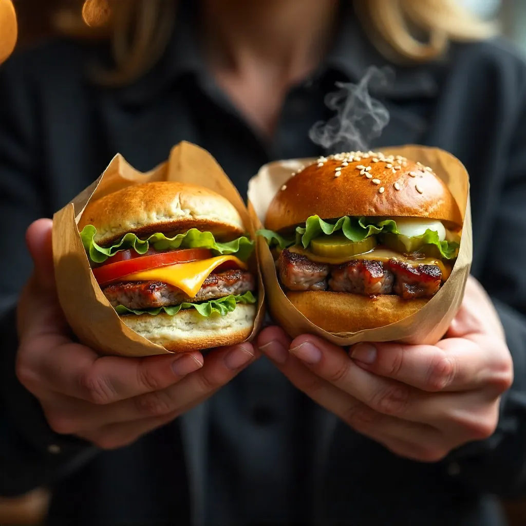 Close-up of two paper-wrapped sandwiches in hands