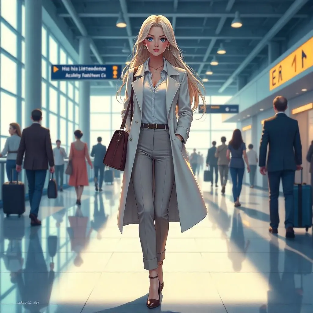 Elegant Caucasian Woman in Anime Airport Terminal