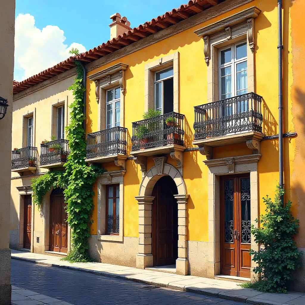 Charming Yellow Facade with Black Balconies