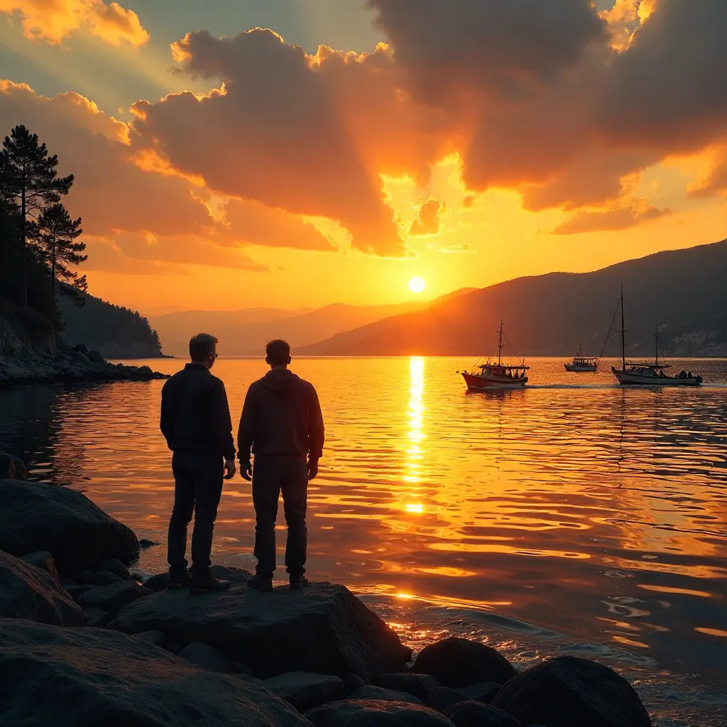 Two Silhouettes at a Golden Cide Bay Sunset