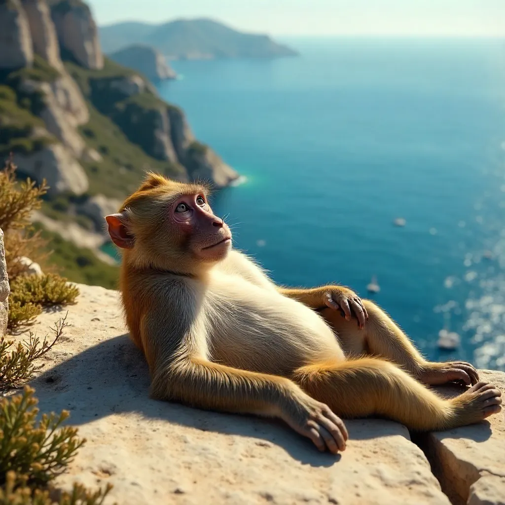 Barbary Macaque Sunbathing on Gibraltar Rock