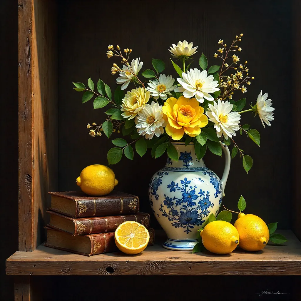 Still Life with Floral Vase, Old Books, and Lemons