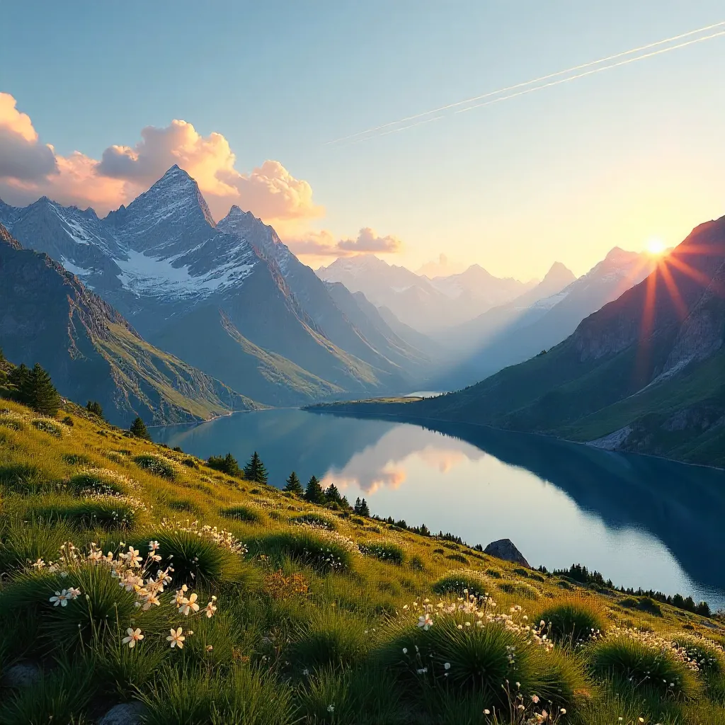 Tranquil Sunset Over Mountain Ranges with Contrails