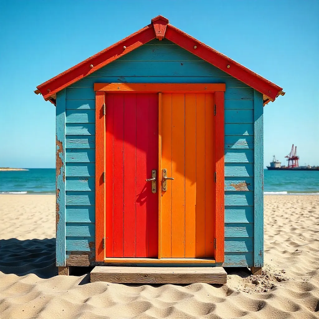Vibrant Red and Orange Doors of a Le Havre Beach Cabin