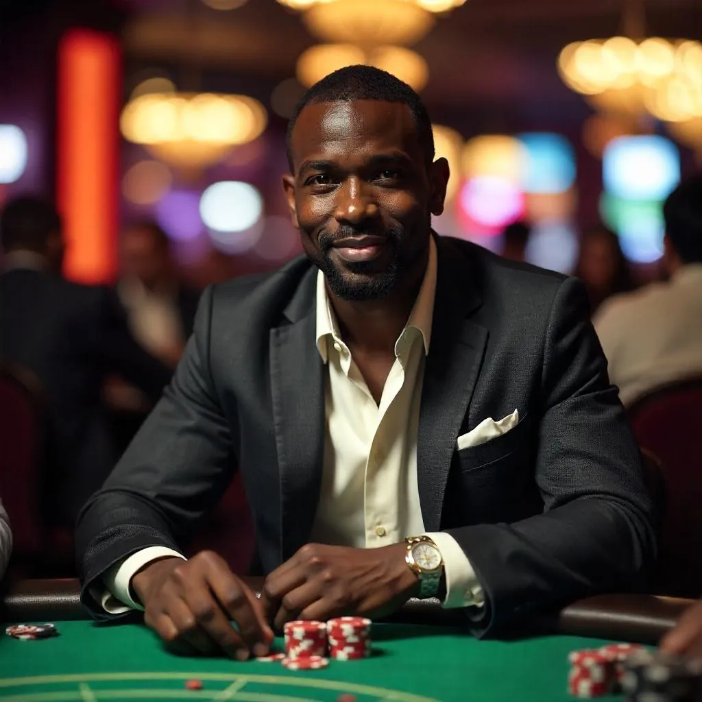 Confident Black Man in a Luxe Poker Room