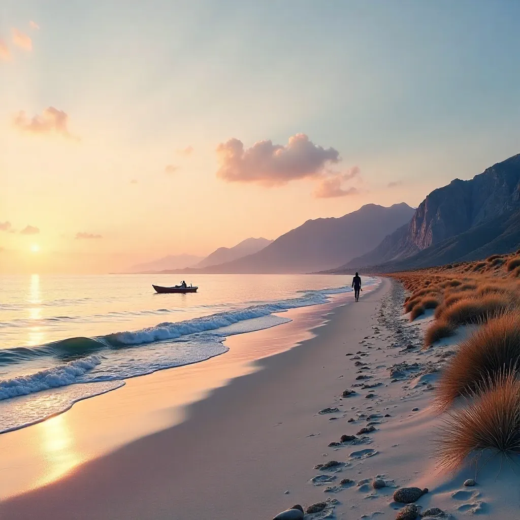 Calm Evening Beach with Mountain Backdrop