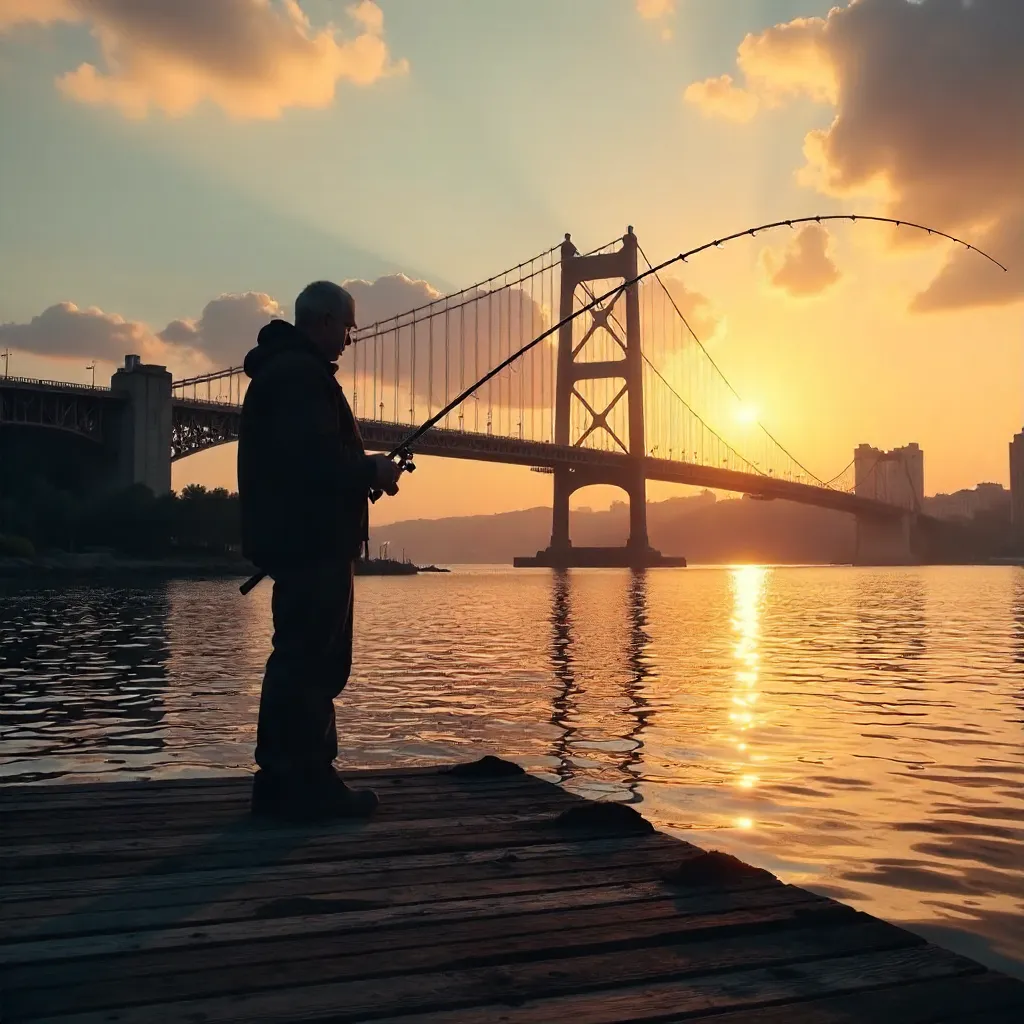 Silhouette of a Fisherman by Sunset Bridge