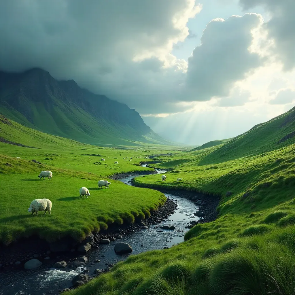 Serene Icelandic Pastures under a Dramatic Sky